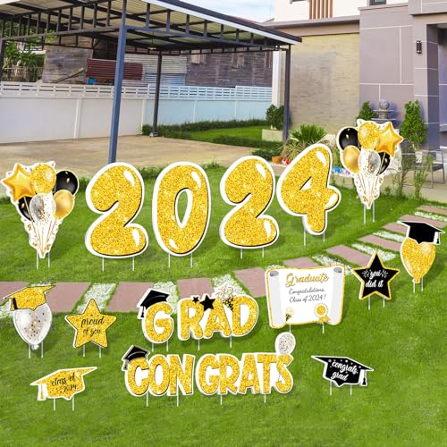 durony 17 Pieces 2024 Congrats Grad Lawn Yard Decor Large Waterproof Graduation Yard Signs with Stakes 2024 Congrats Grad Corrugated Signs with Marker for DIY Outdoor Graduation Party Supplies, Gold
