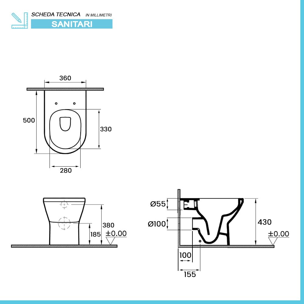 Wc singolo filomuro bianco lucido senza brida, scarico universale a parete o a pavimento, fissaggi inclusi, ITACA