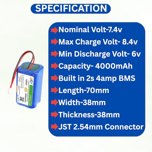 Image of HKN 7.4V 4000mAh Li-ion Rechargeable Battery Pack JST-XH 2.54 /2P Plug Lithium-ion Batteries for Electronics Products Toys Lighting, Bluetooth Speaker and Equipment (4000, Milliamps)