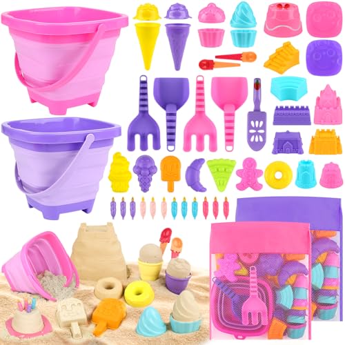 Dreamon Collapsible Beach Toys Set for Kids 3-10, Collapsible Sand Bucket with Beach Molds and Mesh Bag, 2 Pack Shovels Set Ice Cream Sand Toys for...