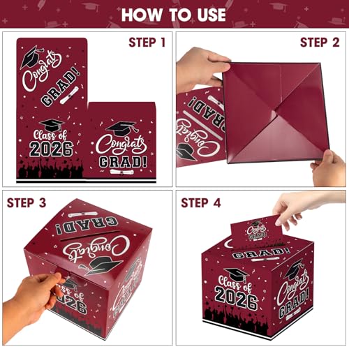 Graduation Card Box 2026 - Congrats Grad Card Boxes Holder, Maroon and Black Class of 2026 Graduation Gift Cards Box for Graduation Party Decorations 2026 Favors Decor Supplies Props,9x 9 x 9 inches — view 5