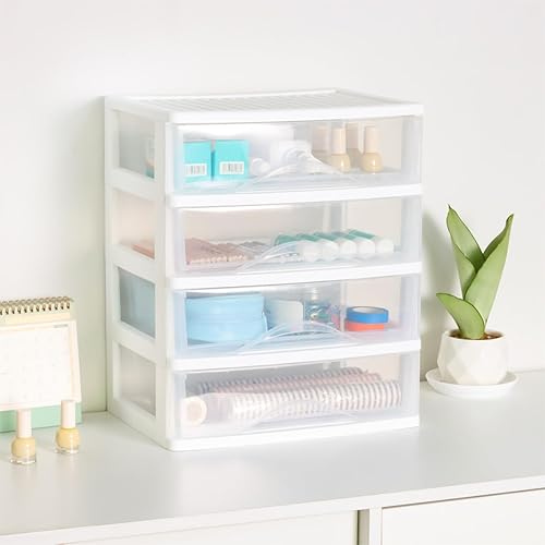 Miniatura 4 de BYCY Almacenamiento apilable de plástico con 4 cajones, organizador de maquillaje de baño blanco con cajones anchos transparentes, organizador de