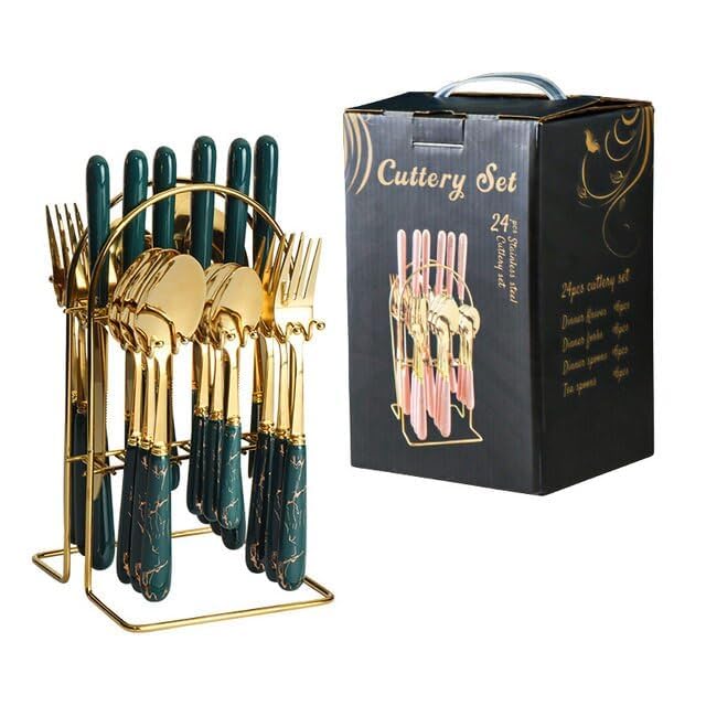 Image of Artek Stainless Steel Spoons, Forks & Knives Set of 24 with Stand and Ceramic Handle Golden Cutlery Set (Green)