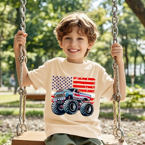 Image of 4th of July Shirts for Kids American Flag Truck T-Shirts Toddler Boys Patriotic Independence Day Memorial Day Tops Beige Tees 2T