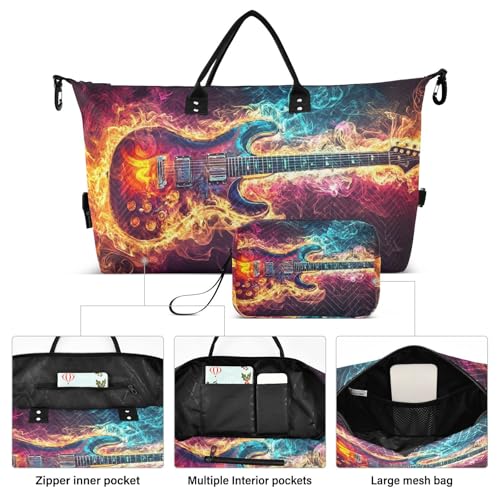 Large Travel Duffel Bag, Guitar Fire Blue Sport Tote Gym Bags, Shoulder Weekender Overnight Bags for Women Men, Carry On Luggage with Toiletry Bag2