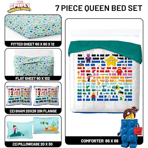 Image of Jay Franco Kids Comforter Set Includes Sheets and Pillow Covers - Soft and Cozy Bed Set for Stylish Room Decor, Official Licensed Bedding, White - LEGO, 7 Piece Queen