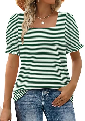 Image of WIHOLL Tops for Women Summer Casual Ruffle Trim Sleeve Square Neck T Shirts