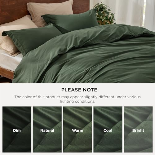 Bedsure 100% Washed Cotton Duvet Cover Queen Size - Olive Green Minimalist Cotton Duvet Cover Linen Like for All Seasons - GentleSoft™ Plain Simple Bedding (Olive Green, Queen, 90"x90")
