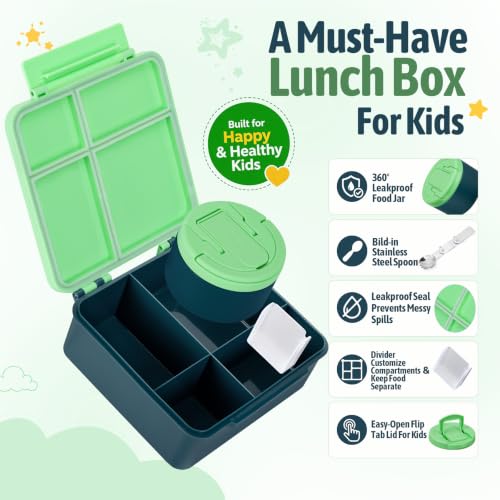 Image of MAXSO Bento Lunch Box Set for Kids with 8 oz Soup Thermo, Leakproof Hot Food Container with 4 Compartments, Insulated Food Jar for Toddler Daycare Boys Girls School - Green