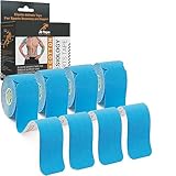 JB Tape, Precut Kinesiology Strips 4 Rolls- (80 Count, 10') Elastic, Latex-Free, Water Resistant, Athletic Sports Tape for Body, Joint & Muscle Support. (Blue)