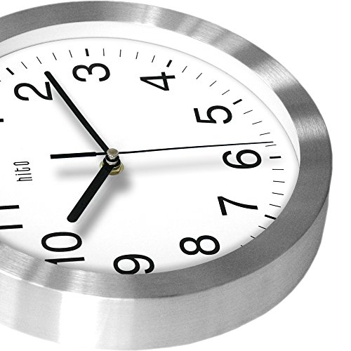 HITO Modern Silent Wall Clock Non Ticking 10 inch Excellent Accurate Sweep Movement Aluminum Frame Glass Cover, Decorative for Kitchen, Living Room, Bedroom, Bathroom, Bedroom, Office (Silver)