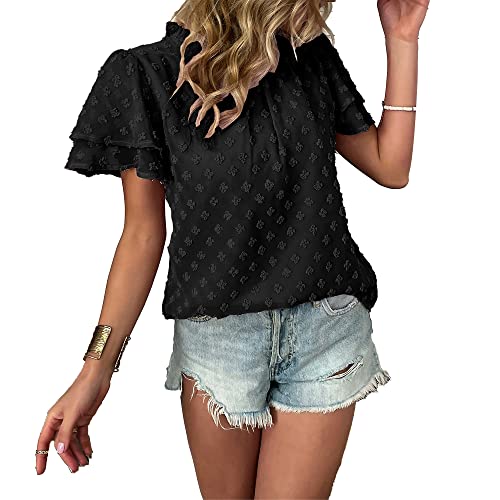 Women's Swiss Dot Casual Tops Short Sleeve Crewneck Chiffon Blouses Cute Solid Color Loose Pom Pom Shirts Tees (Medium,Black)