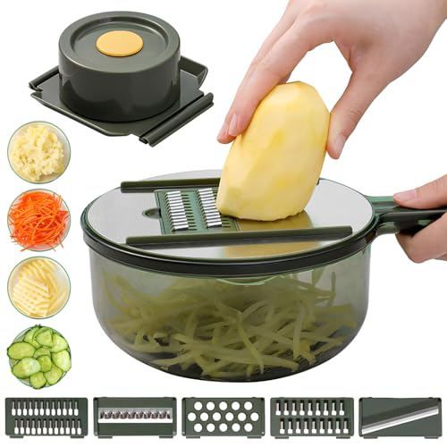 Rallador de verduras multifunción con 5 tipos de cuchillas de acero inoxidable, cortador multiusos de verduras, rallador de pepino, patata y queso, utensilios de cocina (verde)