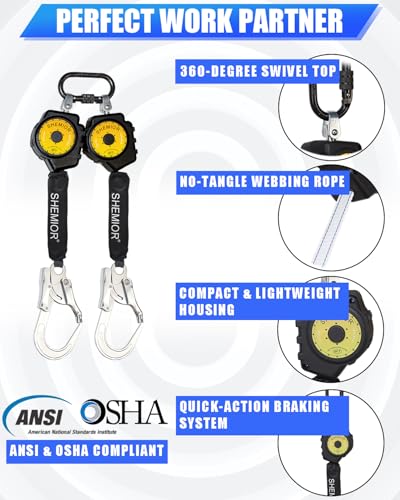 Image of Twin-Leg Self Retracting Lifeline, 6FT SRL, Shemior Retractable Lanyard | Swivel Top, Web, Safety Harness Fall Protection Kit, Srl Fall Protection, Retractable Safety Lanyard, Safety Harness Yoyo