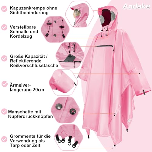 Andake Regenjacke Regenponcho Regencape Regenmantel Wasserdicht Unisex mit Kapuze 3 in 1 Multifunktional Atmungsaktiv für im Freien Camping Wandern Angeln Kirschblüte