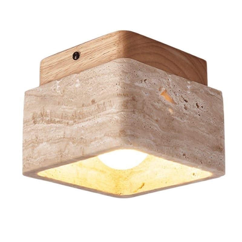 Plafonnier encastré Wabi-sabi d'exception en pierre vintage et bois pour habiller le plafond