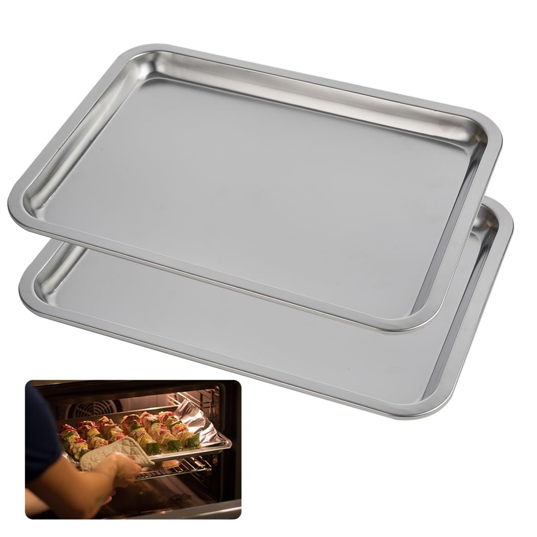 Set di 2 teglie da forno, in acciaio inox 304, resistente alla ruggine, lavabile in lavastoviglie, 14,2 x 10,6 x 0,8 cm