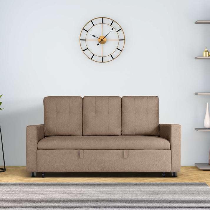 Image of Duroflex Ease - Wood 3 Seater Sofa Cum Bed with Pullout Mechanism, Plaster Brown Finish, 3-Person Sofa