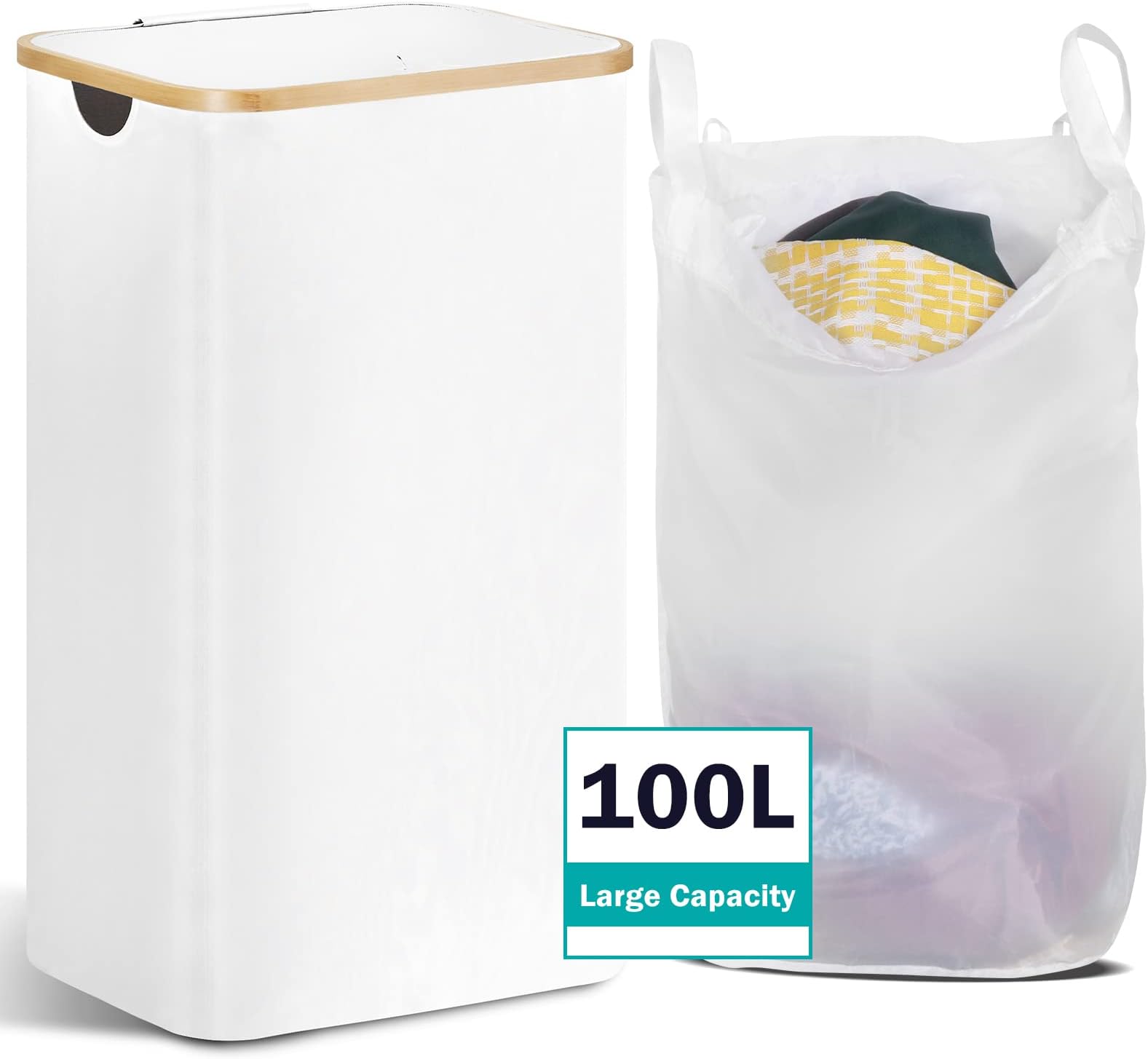 Large Laundry Hamper with Lid by TECHMILLY, 100L Tall Laundry Basket with Bamboo Handles for Clothes and Toys, Collapsible Laundry Basket with Removable Inner Bag for Bedroom and Bathroom, White