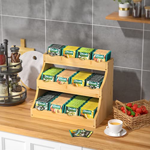 Support pour sachets de thé en bambou 3 niveaux, rangement capsules de café et crème