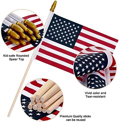12 Pack 5x8 Inch Small American Flags on Stick with Kid-Safe Spear Top, Polyester Full Color Tear-Resistant Flag,Patriotic and Party Decorations, Suitable for Parades, Festival Celebrations, Anniversaries, International Festivals.