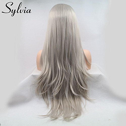 Sylvia Silver Grey Wig Long Natural Straight Ash Blonde Lace Front Wigs Natural Hairline Heat Resistant Hair For Women Hand Tied Replacment Full Wig 24" - Image 4