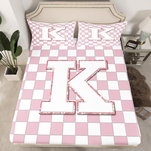 Image of Erosebridal Pink Initial K Bedding Set Queen Kawaii Plaid Checkered Bed Sheets Cute Personalized Monogram Sheet Set Kids Girls Teen Women,Fashion Grids Gingham Fitted Top Sheets 4 Piece