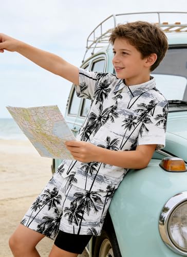 Image of UNICOMIDEA Boys Hawaiian Outfits Tropical Print Button Down Shirt + Swim Trunks 2 Piece Sets for 5-12T Kids