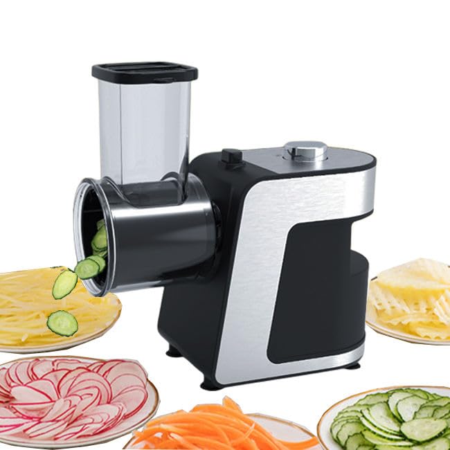 Râpe à fromage électrique 1000 W et coupe-légumes – Machine à salade multiple avec 5 cônes interchangeables pour fromage, concombre, carotte – Idéal pour déchiqueteuse de fruits et légumes