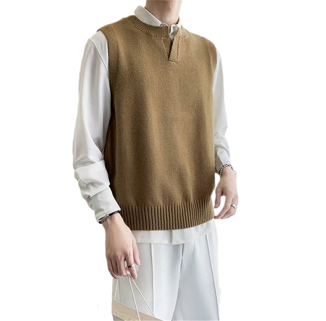Suéter de los hombres delgado sin mangas chaleco otoño invierno casual color sólido chaleco cuello en V jersey de punto más tamaño, caqui, S