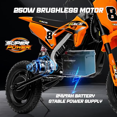 Image of 24V Kids Electric Dirt Bike - 250W Electric Motorcycle, 11 Mph Max Speed Electric Mini Dirt Bike with Music, 10 Miles Range, Twist Grip Throttle, Metal Suspension, Rubber Tire (Orange, with Cover)