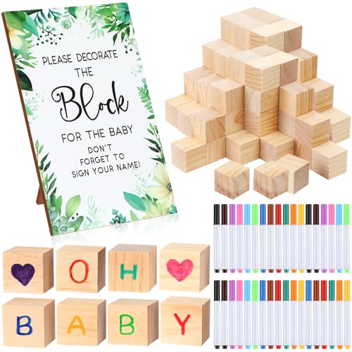 Chitidr 117 Pcs Baby Shower Block Games Sign Kit 80 Blocks Including Decorate a Block Game Sign 80 DIY Blank Wooden Block 36 Acrylic Marker Baby Shower Block Game for Guests Party(36 Colors,Leaves)