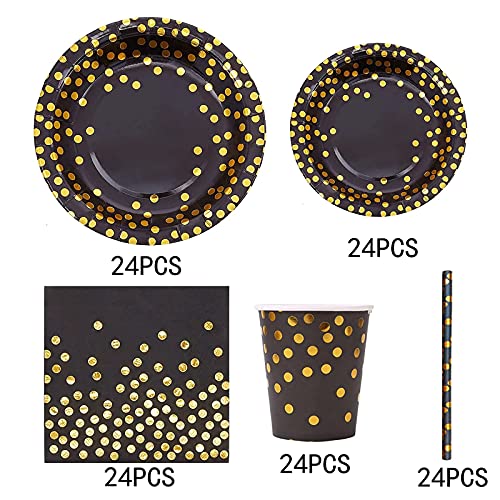 Yidaxing Zwart en goud partyservies, afbreekbaar, gouden dot, partyborden, set bevat servetten, papieren bekertjes… - Afbeelding 8