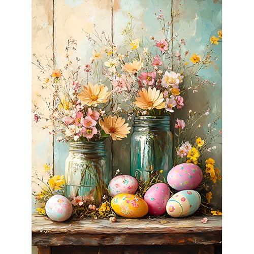gganmtere Easter Day Diamond Art Painting Kits for Adults Easter Eggs Diamond Painting Beginner Flowers 5D Full Drill Diamond Dots Gem Art Wall Decor 12x16inch