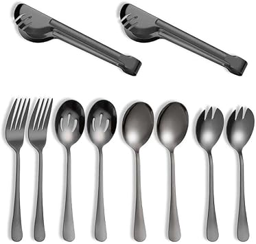 10 Pieces Flatware Serving Set Buffet Tongs Salad Forks Dinner Spoons Perforated Spoons Sporks Stainless Steel - Black