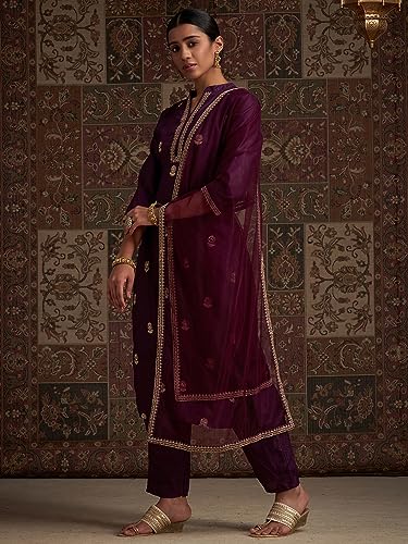 Image of INDO ERA Women's Embroidered Viscose Kurta Trouser With Dupatta Set (IEOUT3762)