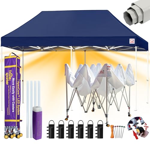 Image of Tradesparker 10x20 Pop Up Canopy Tent,Commercial Movable Canopy with ApexCore LED&Rugged Casters-Instant Easy Setup Shelter Canopies with Weight Bags&Stakes for Outdoor Events Markets,Navy Blue