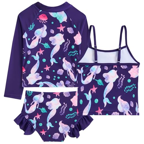 Image of Funnycokid Girls Swimsuit 3 Pieces Long Sleeve Rash Guard Set Tankini Bathing Suits Summer Kids Swimwear 3-10 Years