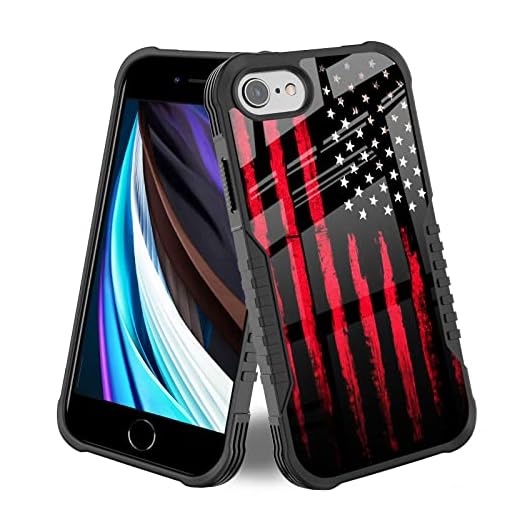 iPhone SE 3rd Gen (2022)/2nd (2020) Case Black Red American Flag Design for Men Boys [Shockproof] [Anti-Scratch] [Anti-Slip] [Camera Bezel] Military Grade Protection Case for iPhone 8/7/6/SE