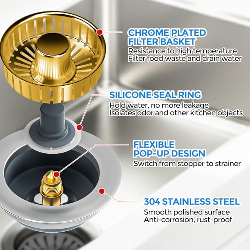 Image of zaa Kitchen Sink Drain Strainer - Kitchen Sink Stopper, 304 Stainless Steel Sink Drain Stopper, Sink Protector for Kitchen with Anti-Clog Filter, Fit US Standard 3-1 /2'' Sink Drain Hole, Gold