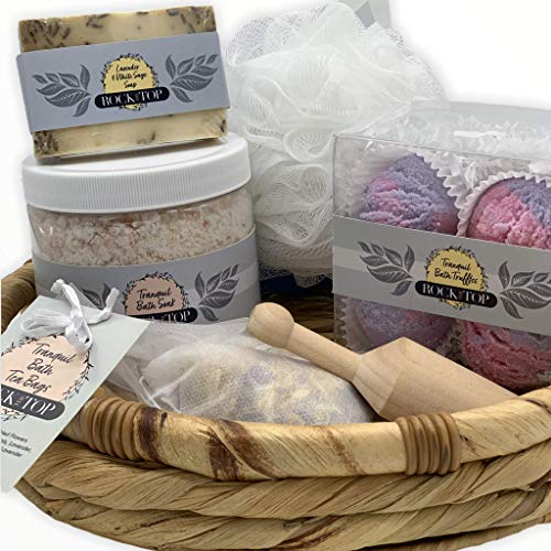 Rock The Top Anxiety Relief Items In A Spa Gift Baskets For Women. 6 Self Care Gifts, Mineral-Rich Bath Soak, Soap, Bomb Truffles, & Tea. Basket That Will Leave Her Skin So Soft., Piece Set #TOP23