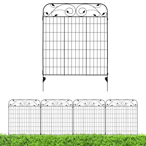 4 Pack Black Coated Steel Decorative Garden Fence Panel with 8 Leaves, 44 inch by 36 inch (Linear Length 12 feet) Metal Folding Fence Wire Fencing Patio Flower Barrier Section Panel