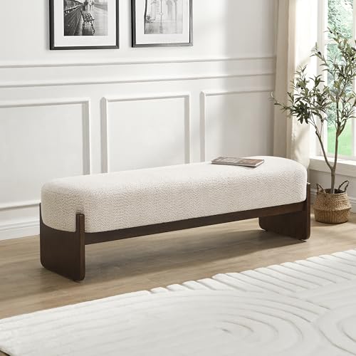Christopher Knight Home Arden Minimalist Style Rectangular Loop Yarn Fabric Ottoman Bench, Rubberwood Frame, Entryway Bench, Living Room Sofa Extra Seat, End of Bed Footstool, Beige+Brown