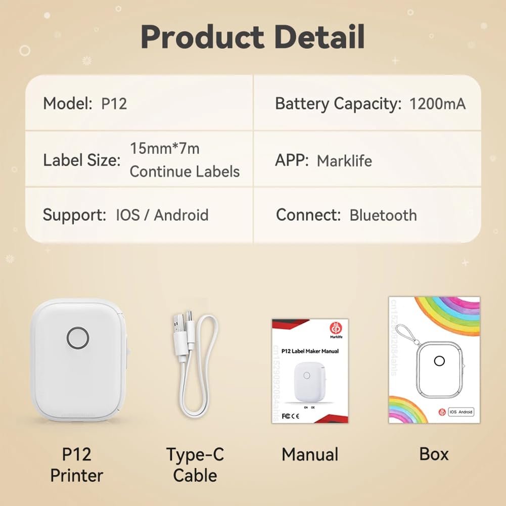 Przenośna etykieciarka, bezprzewodowa drukarka etykiet Bluetooth, drukarka etykiet, przenośna maszyna DIY samoprzylepna taśma etykietowa ciągła, do domu, biura i małej firmy, biała