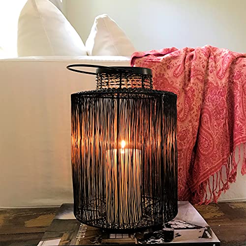 Modernist Cage Hurricane Candle Lantern, Hand-Strung Wire Panels With Twisted Details, Round With Handle, 8.25 D X 13 H Inches #TOP1