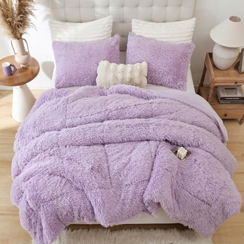 Smoofy Fluffy Queen Comforter Set, Faux Fur Comforter Set Queen Size, Luxury Fuzzy Bedding Set, Soft Shaggy Bed Set for All Season, 3 Pieces - 1 Comforter & 2 Pillowcases, Lavender Purple