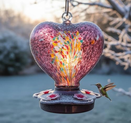 Hand Blown Glass Hummingbird Feeder for Outdoors All Season Use - 28 Fl. Oz. Leak Proof Hummingbird Feeder with Rust Proof Base - Includes Ant Moat Ant & Bee Proof (Purple)