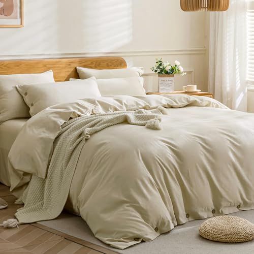 Image of JELLYMONI Cotton Duvet Cover Twin XL Size - Light Khaki Comforter Cover with Button 100% Washed Cotton 2PCS Breathable Soft Solid Bedding Set Duvet Cover 66x92in & 1 Pillowcase (NO Comforter)