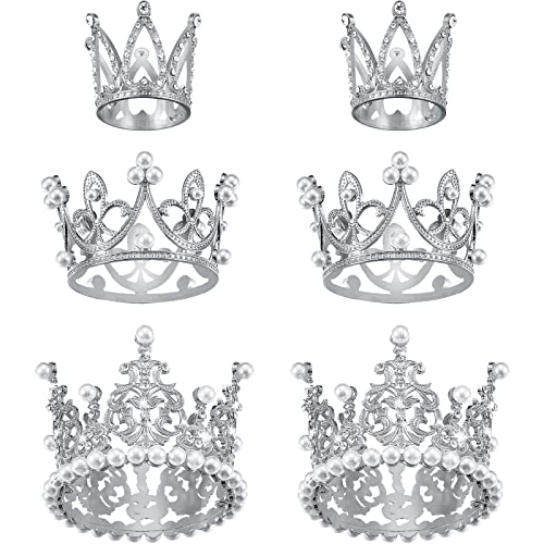 6 Pcs Crown Cake Topper Crown Cake Topper Artificial Pearl Rhinestone Cake Crown Topper Small Tiara Cake Topper Crowns for Decoration Birthday Wedding Cake Topper Girl Baby Shower Party (Silver)