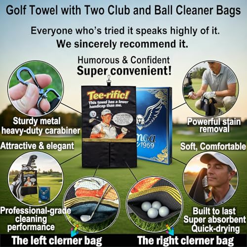 Funny Golf Towel with Two Golf Club Cleaning Bag and Ball Cleaner Pouch, 24"x16", Dry & Wet Separation, Premium Durable Soft Waffle Weave Golf Towel for Golf Bag, Golf Gifts for Golfers Men Women — view 2